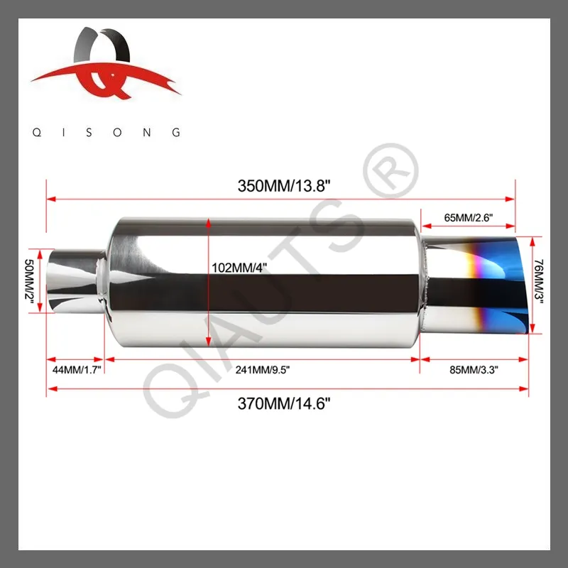 [Qisong] Titanium Burnt N1 Tip Stainless T-304 Exhaust Muffler 2" Inlet+Silencer